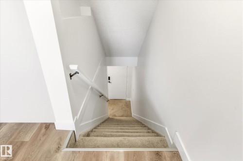 Carpeted staircase with white risers and handrails, complemented by wood-finish flooring - 108 10105 95 Street, Edmonton, AB - Indoor Photo Showing Other Room