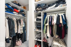 Custom closet system featuring multiple hanging rods, integrated shelving, and a neutral color palette - 