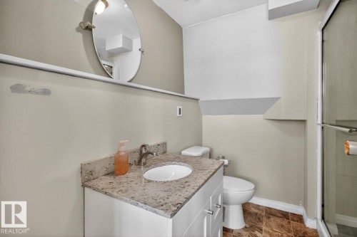 3 Piece Bathroom featuring shower and vanity with ample storage. - 18655 61 Avenue, Edmonton, AB - Indoor Photo Showing Bathroom