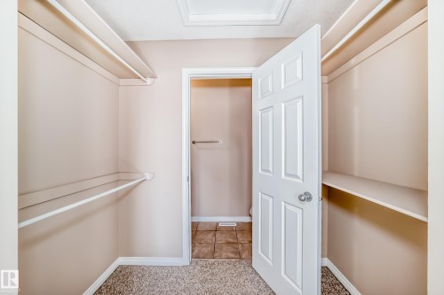 Walk-in closet featuring carpet flooring, built-in shelving, and hanging rods - 9825 156 Street, Edmonton, AB - Indoor Photo Showing Other Room