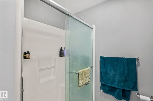 Shower enclosure featuring a sliding frosted glass door, integrated shelving, and a built-in grab bar - 5142 23A Avenue, Edmonton, AB - Indoor Photo Showing Bathroom