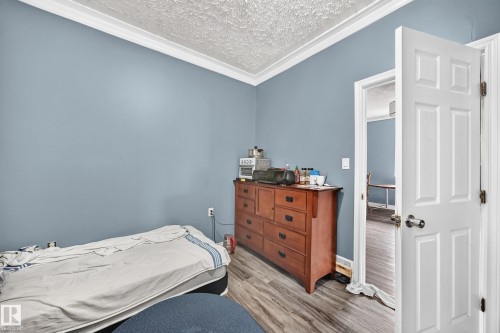 Crown molding, textured ceiling, light blue wall paint, wood-finish flooring, paneled interior door - 12627 71 Street Nw, Edmonton, AB 