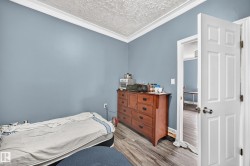 Crown molding, textured ceiling, light blue wall paint, wood-finish flooring, paneled interior door - 