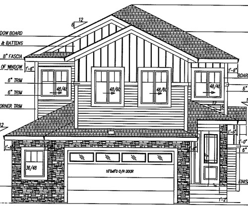 Architectural Drawing. Detailing the exterior facade and dimensions of the property - 2 Mockingbird Crescent, Fort Saskatchewan, AB - Other