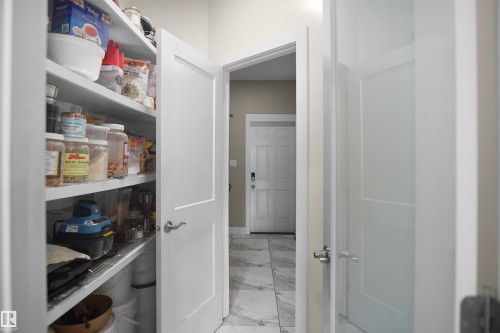 Walk-in pantry with extensive shelving, a solid panel interior door, and brushed nickel hardware - 6108 173 Ave, Edmonton, AB 