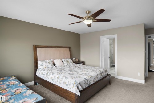 Carpeted bedroom featuring a ceiling fan with integrated lighting, two-tone wall paint, and an open doorway revealing a tiled bathroom with a glass-enclosed shower - 6108 173 Ave, Edmonton, AB 