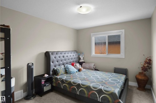 Carpeted room featuring a white-framed window, textured beige walls, and a ceiling-mounted light fixture - 6108 173 Ave, Edmonton, AB 