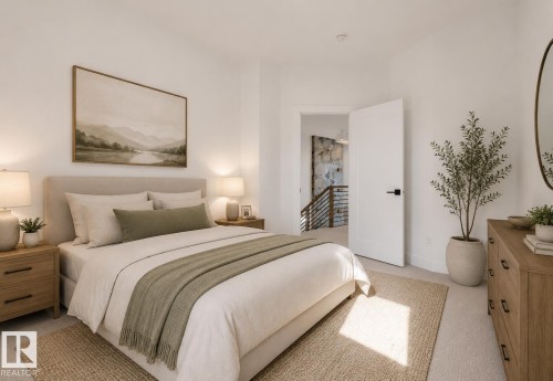 Bright bedroom with neutral wall paint and light-colored carpeting - 4727 17 Avenue, Edmonton, AB - Indoor Photo Showing Bedroom
