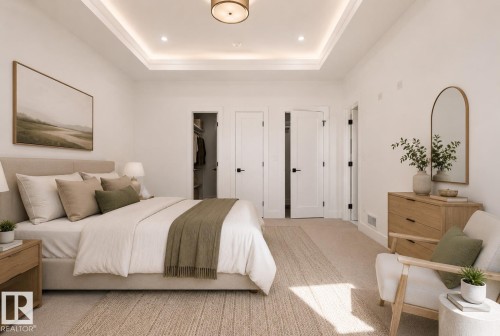 Spacious room featuring a tray ceiling with recessed lighting, an integrated ceiling light fixture, and white painted walls - 4727 17 Avenue, Edmonton, AB - Indoor Photo Showing Bedroom