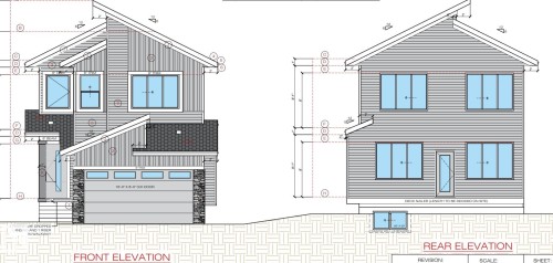 Architectural Drawing. Displaying front and rear elevations of the property with dimensional notations - 4727 17 Avenue, Edmonton, AB - Other