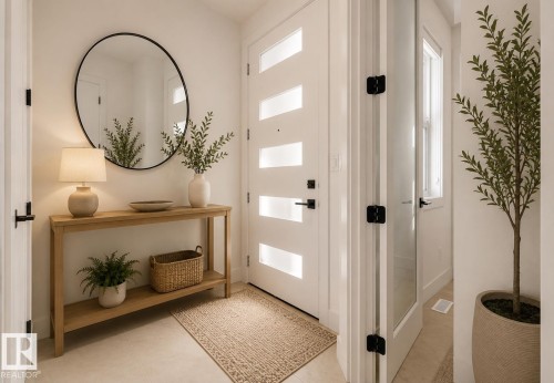 Bright entryway featuring a modern white door with horizontal glass panels - 4727 17 Avenue, Edmonton, AB - Indoor Photo Showing Other Room