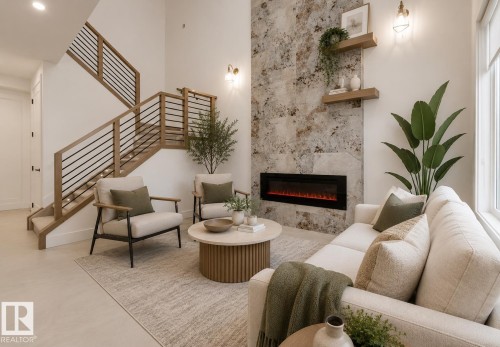 Living area featuring a floor-to-ceiling accent wall, an inset linear fireplace, and two floating wood shelves - 4727 17 Avenue, Edmonton, AB - Indoor With Fireplace