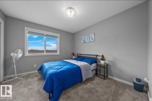 Bedroom featuring a window with exterior scenery, grey carpeting, and light grey walls - 243 39 Avenue Nw, Edmonton, AB - Indoor Photo Showing Bedroom