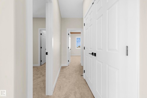 Hallway featuring light beige carpeting, white panel doors with black hardware, and light-colored wall paint - 4915 17 Avenue, Edmonton, AB - Indoor Photo Showing Other Room