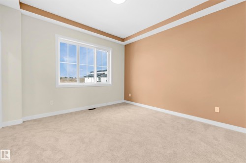 Carpeted room featuring a large multi-pane window, tray ceiling with contrasting accent color, and neutral wall paint - 4915 17 Avenue, Edmonton, AB - Indoor Photo Showing Other Room