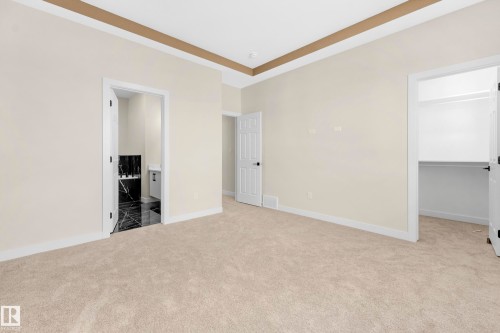 Spacious room featuring neutral carpeting, light-toned walls, and a tray ceiling with a contrasting trim - 4915 17 Avenue, Edmonton, AB - Indoor Photo Showing Other Room
