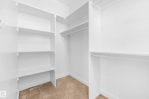 Walk-in closet featuring white built-in shelving, multiple hanging rods, white walls, and neutral carpet flooring - 4915 17 Avenue, Edmonton, AB - Indoor With Storage