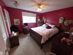 Bedroom featuring a window with a roller blind, wall-to-wall carpeting, and a ceiling fan with integrated lighting - 