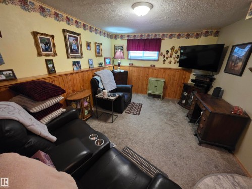 Located on lower level, carpeted family room featuring wood-finish wainscoting, a drop ceiling, and a wall-mounted television - 25 Mcnabb Crescent, Stony Plain, AB - Indoor