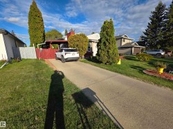 Single-family residence with a concrete driveway, established front lawn, mature evergreen trees, and a red-painted privacy fence - 