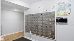 Communal mailboxes within a building corridor featuring light wood-finish flooring - 
