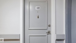 Gray paneled entry door with polished nickel hardware and door knocker - 