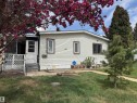 Single-story residence featuring light-colored siding, a covered porch with lattice railing, and a mature tree with vibrant pink blossoms - #46 4204 47 St, Wetaskiwin, AB  - Outdoor 