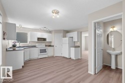 Kitchen featuring white cabinetry, white appliances, dark countertops, and wood-finish flooring - 