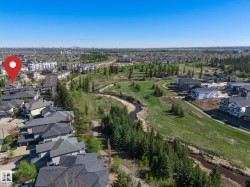 Suburban landscape featuring a meandering creek, extensive green spaces, and mature evergreen trees - 
