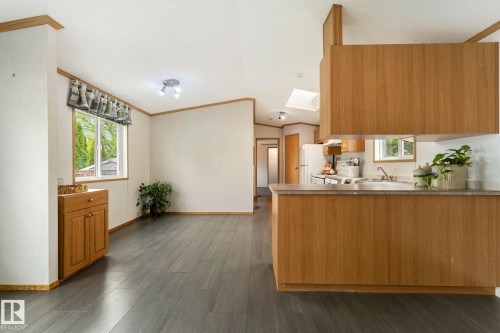 Open-concept living space featuring wood-finish flooring, a kitchen island with a countertop, wood-tone cabinetry, a ceiling skylight, and a window with exterior views - 49 Rim Road Nw, Edmonton, AB - Indoor Photo Showing Kitchen