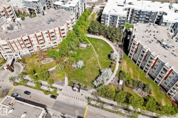 Community green space featuring mature trees, manicured lawns, and walking paths - 