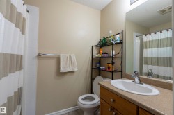 Bathroom featuring a vanity with wood-finish cabinetry, a white basin, and a speckled countertop - 