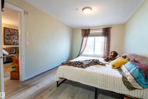 Bedroom featuring wood-finish flooring, a window with horizontal muntins, and a flush-mount ceiling light fixture - 203 4403 23 Street, Edmonton, AB - Indoor Photo Showing Bedroom