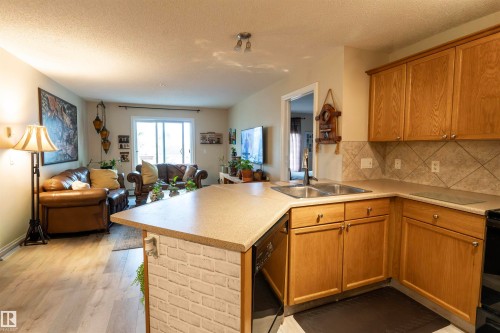Open-concept kitchen featuring light-toned cabinetry, a double basin stainless steel sink, and light countertops - 203 4403 23 Street, Edmonton, AB - Indoor Photo Showing Kitchen With Double Sink