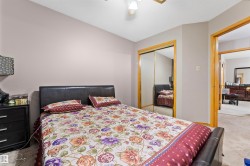 Bedroom featuring carpet flooring, mirrored closet doors, a wooden door frame, and a ceiling fan with integrated lighting - 