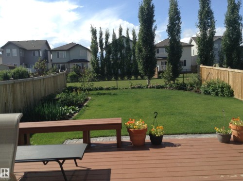 Expansive backyard featuring a wood deck, manicured lawn, and mature trees - 1330 114B Street, Edmonton, AB - Outdoor With Deck Patio Veranda