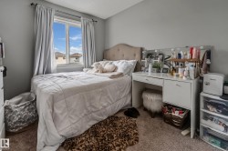 Bedroom featuring a window with natural light, light gray walls, textured carpet flooring, and a built-in vanity with storage - 