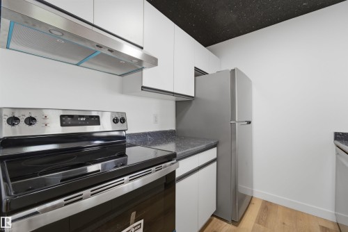 Modern kitchen with light wood-finish flooring, white cabinetry, dark speckled countertops, stainless steel appliances, and a black ceiling - 302 2508 50 Street Nw, Edmonton, AB - Indoor Photo Showing Kitchen