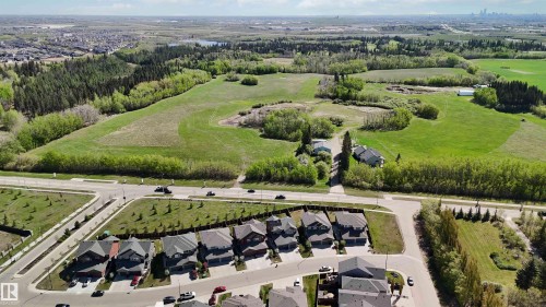 Aerial perspective showcasing a residential development bordering expansive green fields and mature tree lines - 5129 Lark Crescent, Edmonton, AB - Outdoor With View