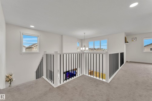 Carpeted upper-level landing featuring a white railing with black balusters, recessed lighting, and multiple windows - 22534 98A Avenue, Edmonton, AB - Indoor Photo Showing Other Room