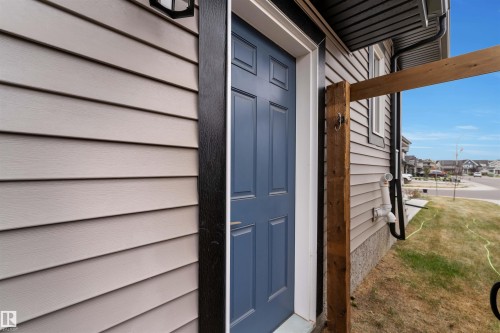 Blue paneled entry door with white trim, tan horizontal siding, and dark accent trim - 22534 98A Avenue, Edmonton, AB - Outdoor With Exterior