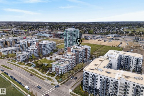 Aerial perspective showcasing a contemporary multi-story building within an urban residential development - 808 2612 109 Street, Edmonton, AB - Outdoor With View