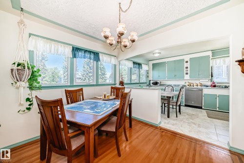 Dining area featuring wood-finish flooring, a multi-pane window assembly, and a chandelier light fixture - 11309 115 Street, Edmonton, AB - Indoor Photo Showing Dining Room