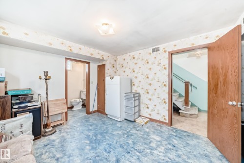 Lower level room featuring textured blue flooring and floral wallpaper accents - 11309 115 Street, Edmonton, AB - Indoor