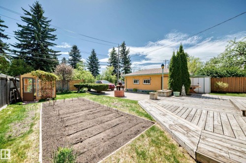 Expansive backyard featuring a large raised garden bed, a substantial wood deck, and a detached shed - 11309 115 Street, Edmonton, AB - Outdoor