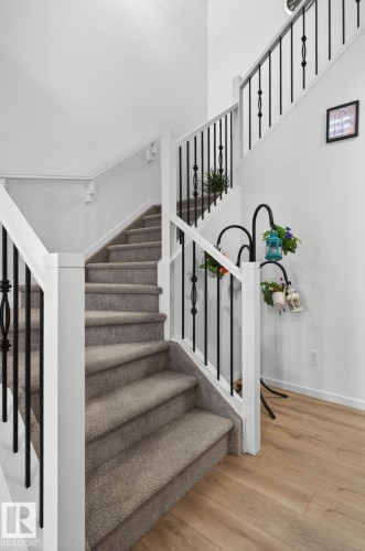 Staircase featuring light-toned carpeting and contrasting white risers - 7011 177 Avenue, Edmonton, AB - Indoor Photo Showing Other Room