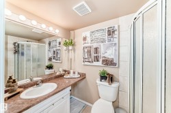 Full bathroom featuring a single vanity with an integrated sink, a rounded shower enclosure with frosted panels, and overhead vanity lighting - 