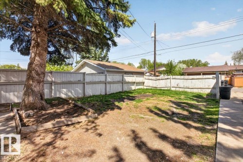 Expansive backyard featuring a mature tree, wooden privacy fencing, and a concrete patio section - 4630 114 Avenue, Edmonton, AB - Outdoor