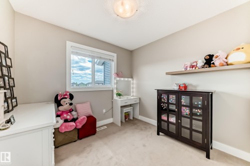 Carpeted room featuring a ceiling light fixture, a window with white trim, and light beige wall paint - 2125 24 Street, Edmonton, AB - Indoor