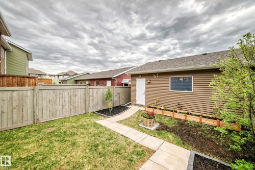 Expansive backyard featuring a concrete walkway, mature landscaping, wood fencing, and a detached structure with horizontal siding and a shingled roof - 2125 24 Street, Edmonton, AB - Outdoor